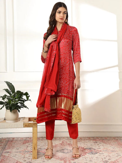 Maroon Gajji Silk Bandhani Embroidered Kurta With Trousers With Dupatta Set