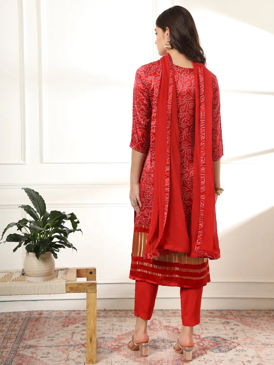 Maroon Gajji Silk Bandhani Embroidered Kurta With Trousers With Dupatta Set
