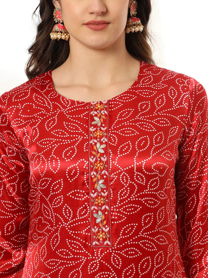 Maroon Gajji Silk Bandhani Embroidered Kurta With Trousers With Dupatta Set