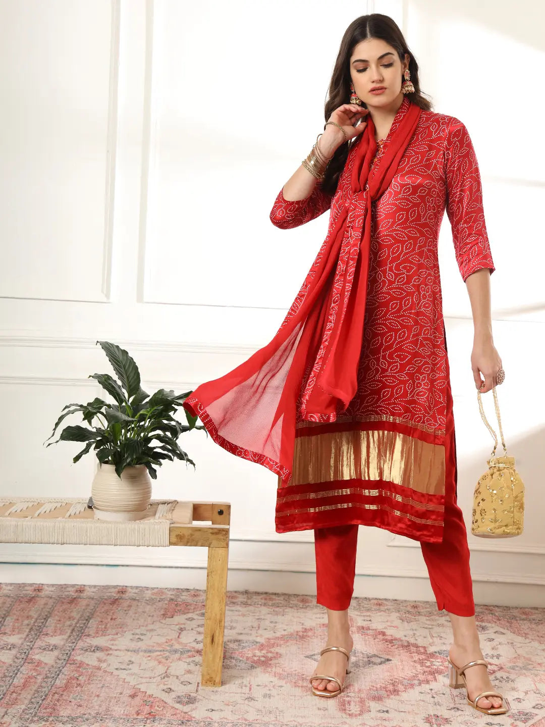 Maroon Gajji Silk Bandhani Embroidered Kurta With Trousers With Dupatta Set