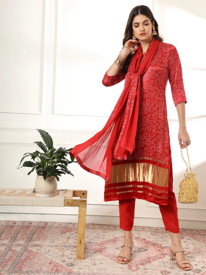 Maroon Gajji Silk Bandhani Embroidered Kurta With Trousers With Dupatta Set