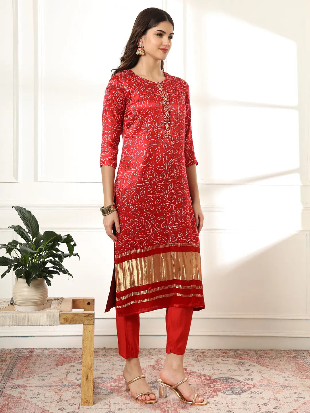 Maroon Gajji Silk Bandhani Embroidered Kurta With Trousers With Dupatta Set