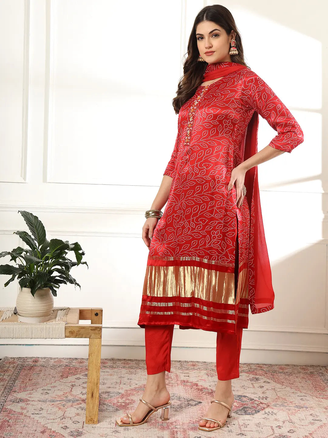 Maroon Gajji Silk Bandhani Embroidered Kurta With Trousers With Dupatta Set