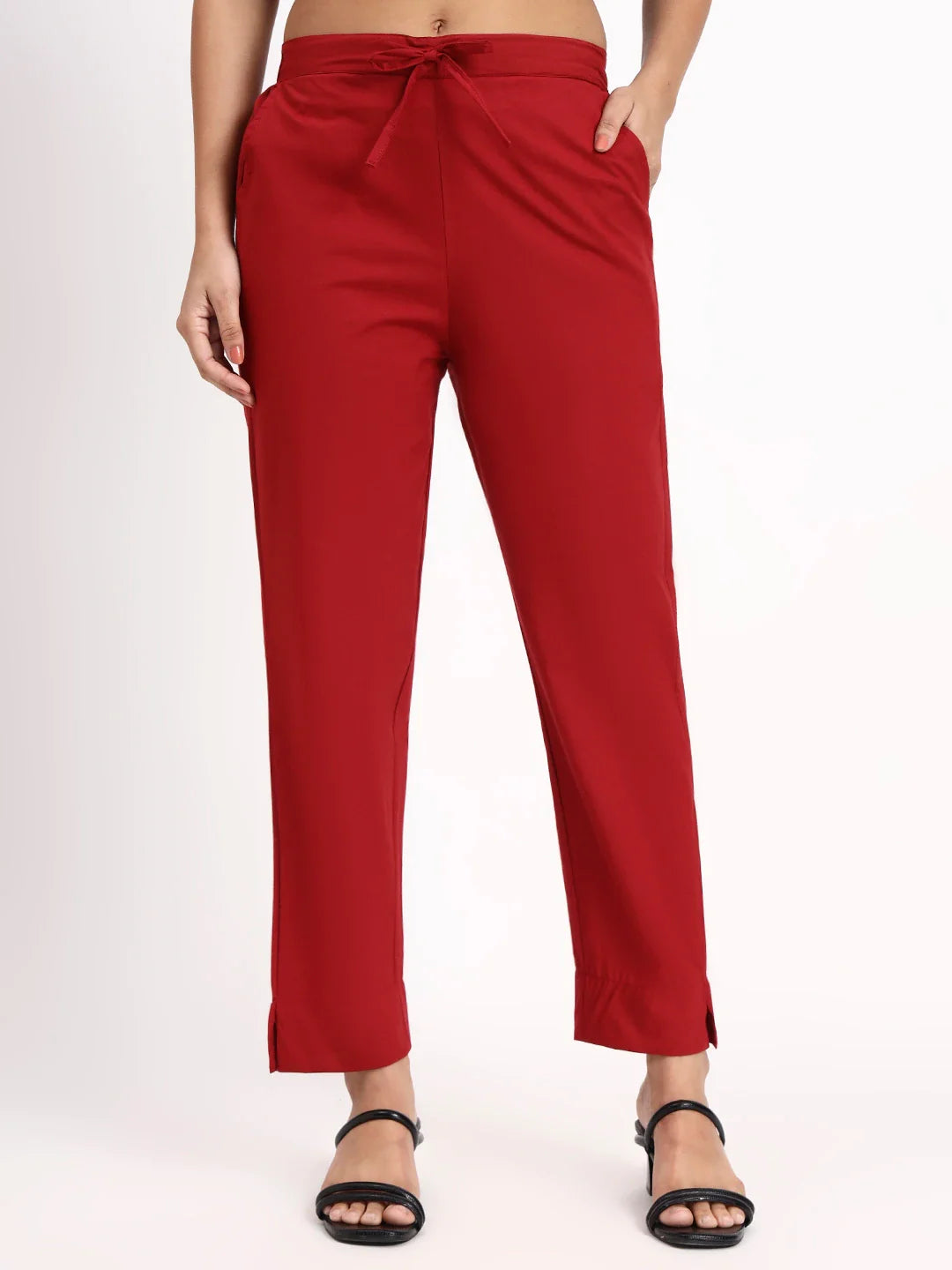 Mid-Rise Ankle-Length Regular Fit Poplin Pants