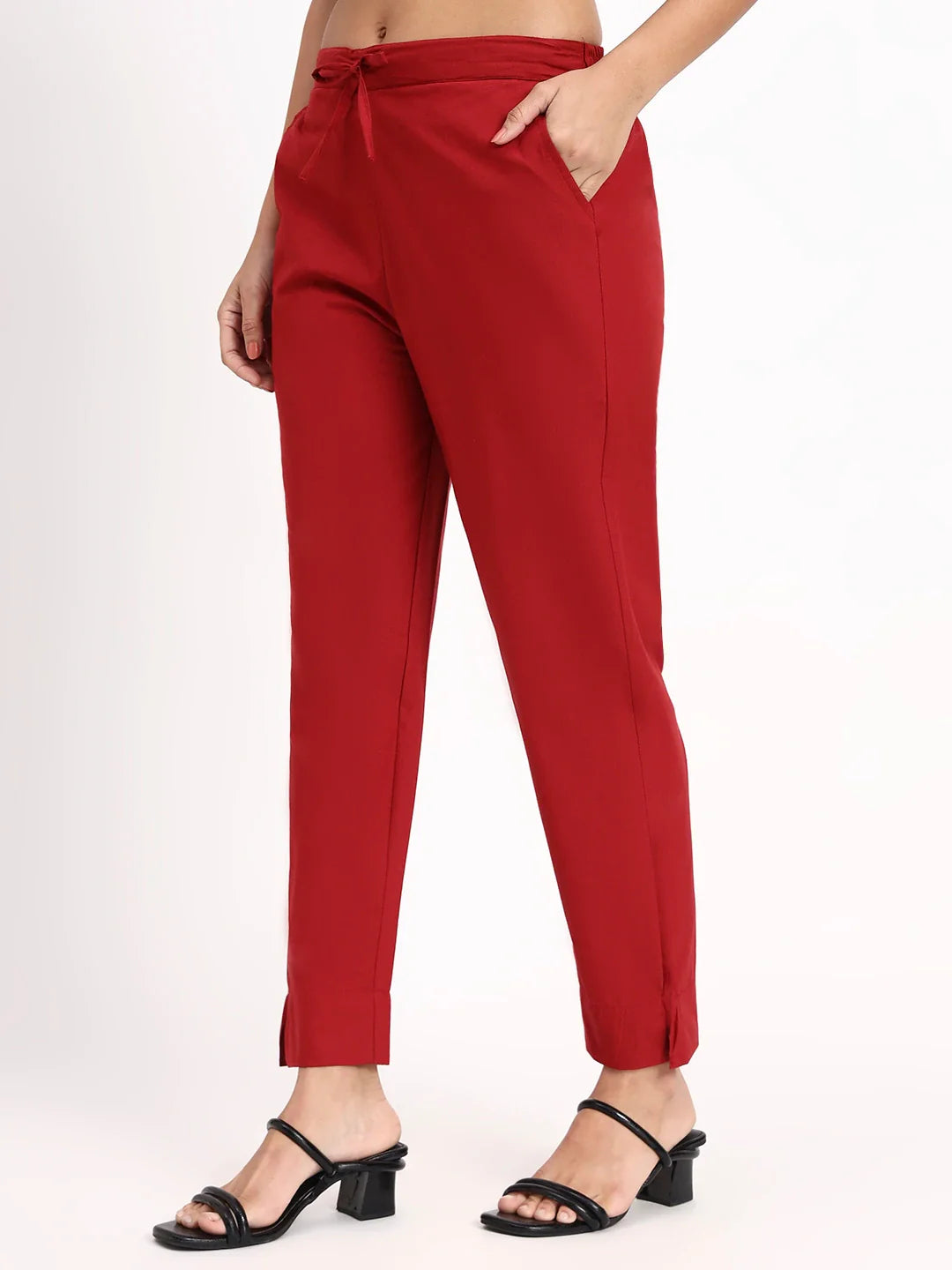 Mid-Rise Ankle-Length Regular Fit Poplin Pants