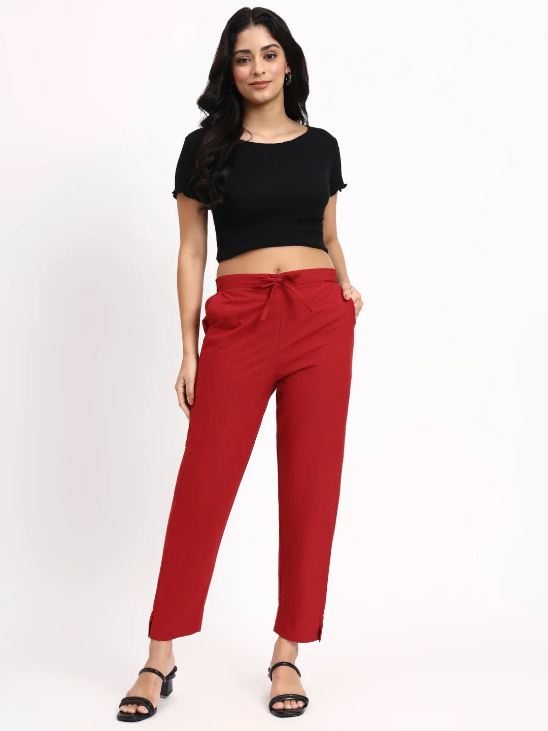 Mid-Rise Ankle-Length Regular Fit Poplin Pants