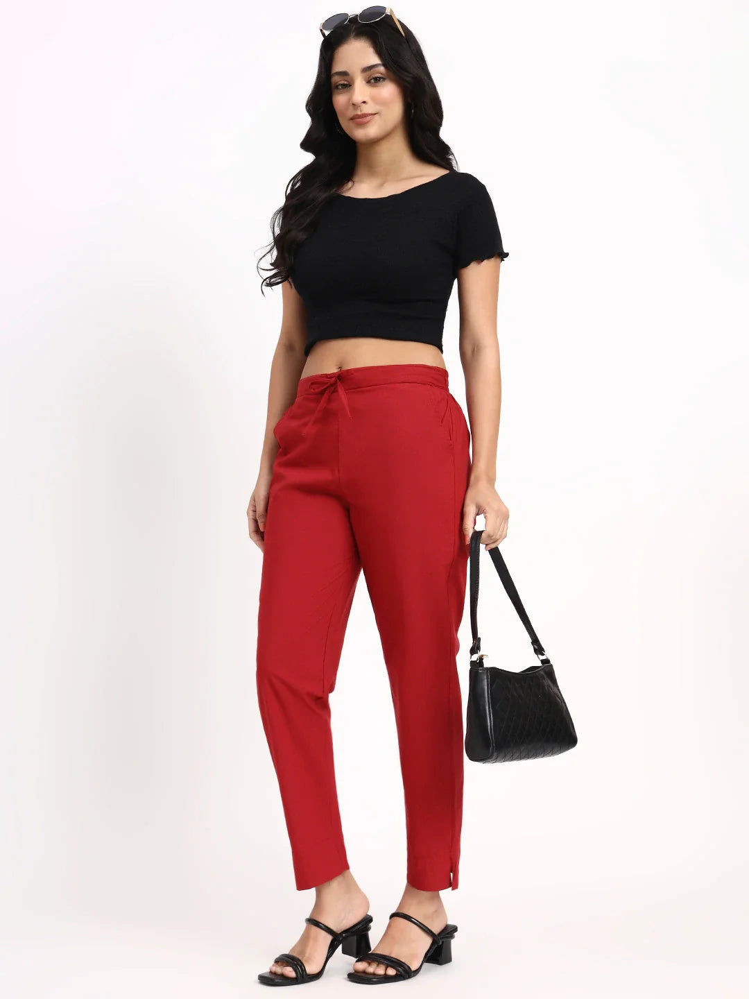 Mid-Rise Ankle-Length Regular Fit Poplin Pants