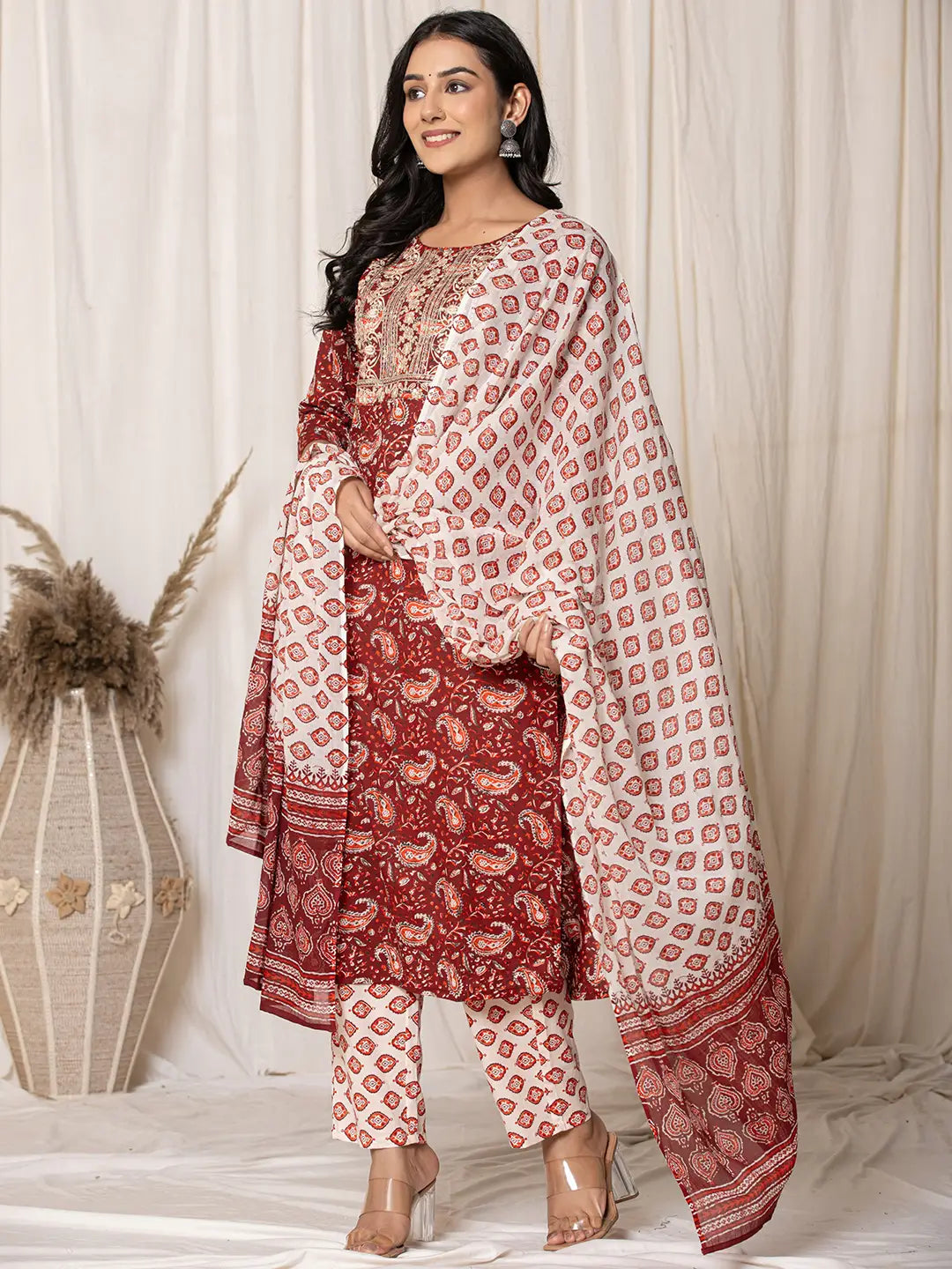 Maroon Paisley Pure Cotton Straight Kurta And Trouser With Dupatta