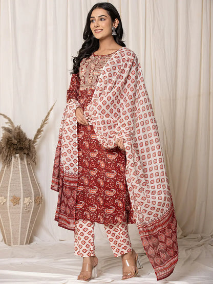 Maroon Paisley Pure Cotton Straight Kurta And Trouser With Dupatta