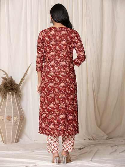 Maroon Paisley Pure Cotton Straight Kurta And Trouser With Dupatta