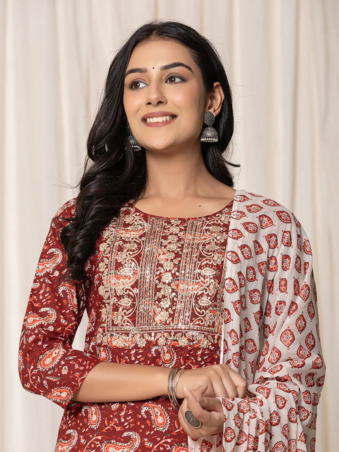 Maroon Paisley Pure Cotton Straight Kurta And Trouser With Dupatta