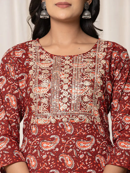Maroon Paisley Pure Cotton Straight Kurta And Trouser With Dupatta