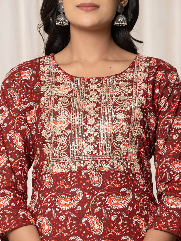 Maroon Paisley Pure Cotton Straight Kurta And Trouser With Dupatta