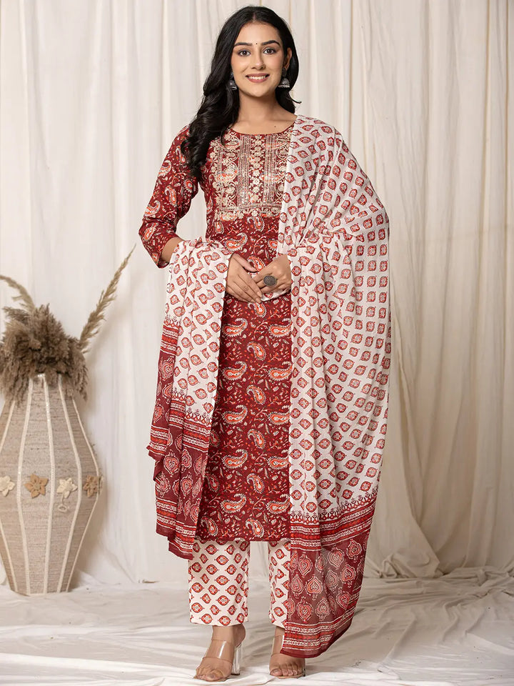 Maroon Paisley Pure Cotton Straight Kurta And Trouser With Dupatta