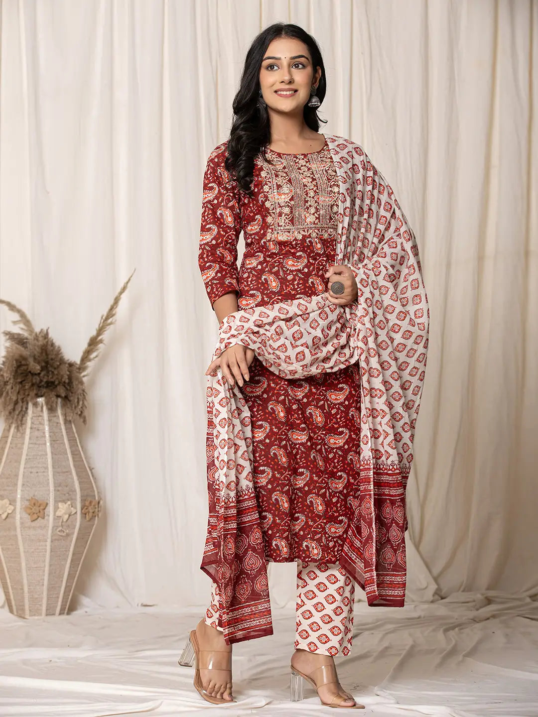 Maroon Paisley Pure Cotton Straight Kurta And Trouser With Dupatta