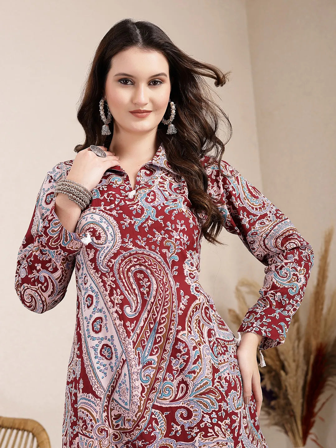 Maroon Pure Cotton Boho Print Co-Ord Set