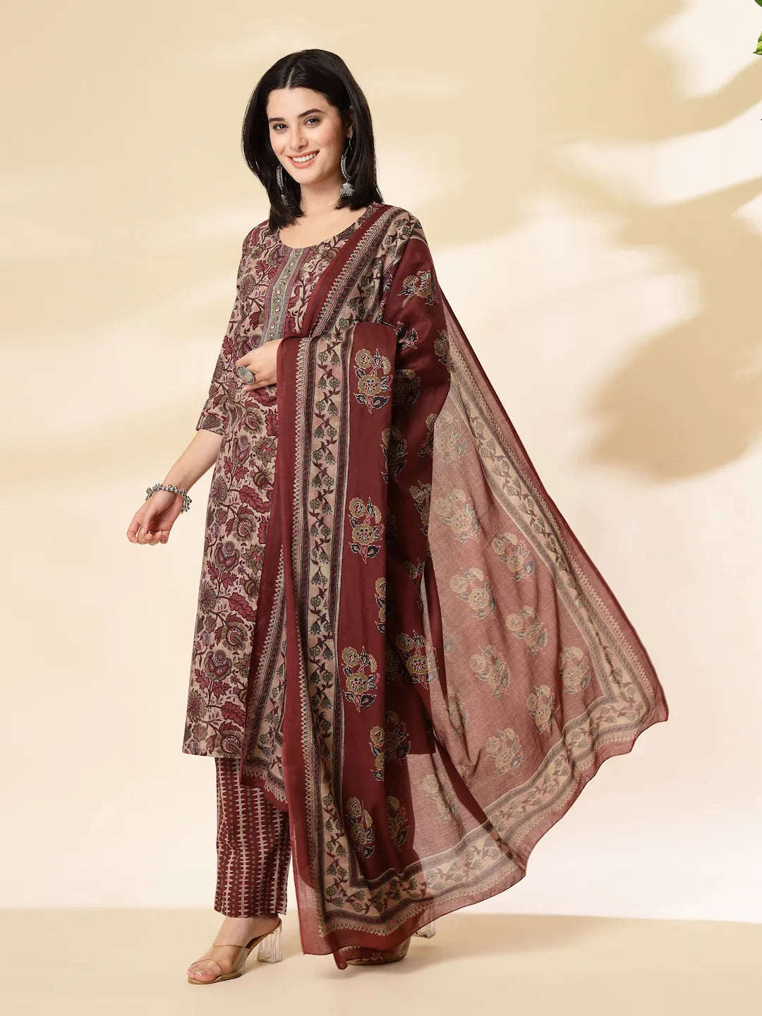 Maroon Pure Cotton Straight Kurta Dupatta Set
