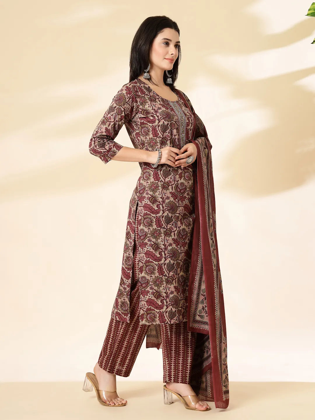Maroon Pure Cotton Straight Kurta Dupatta Set