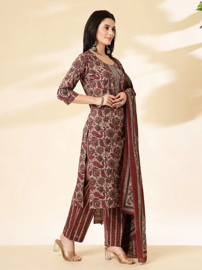 Maroon Pure Cotton Straight Kurta Dupatta Set