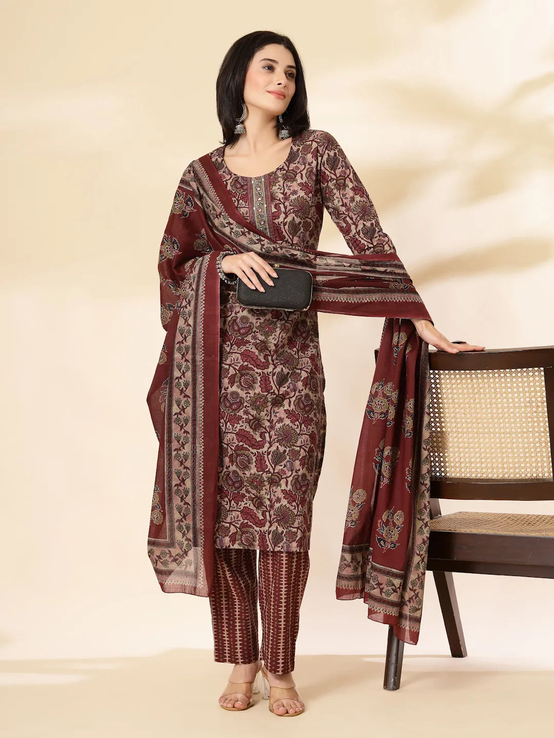 Maroon Pure Cotton Straight Kurta Dupatta Set
