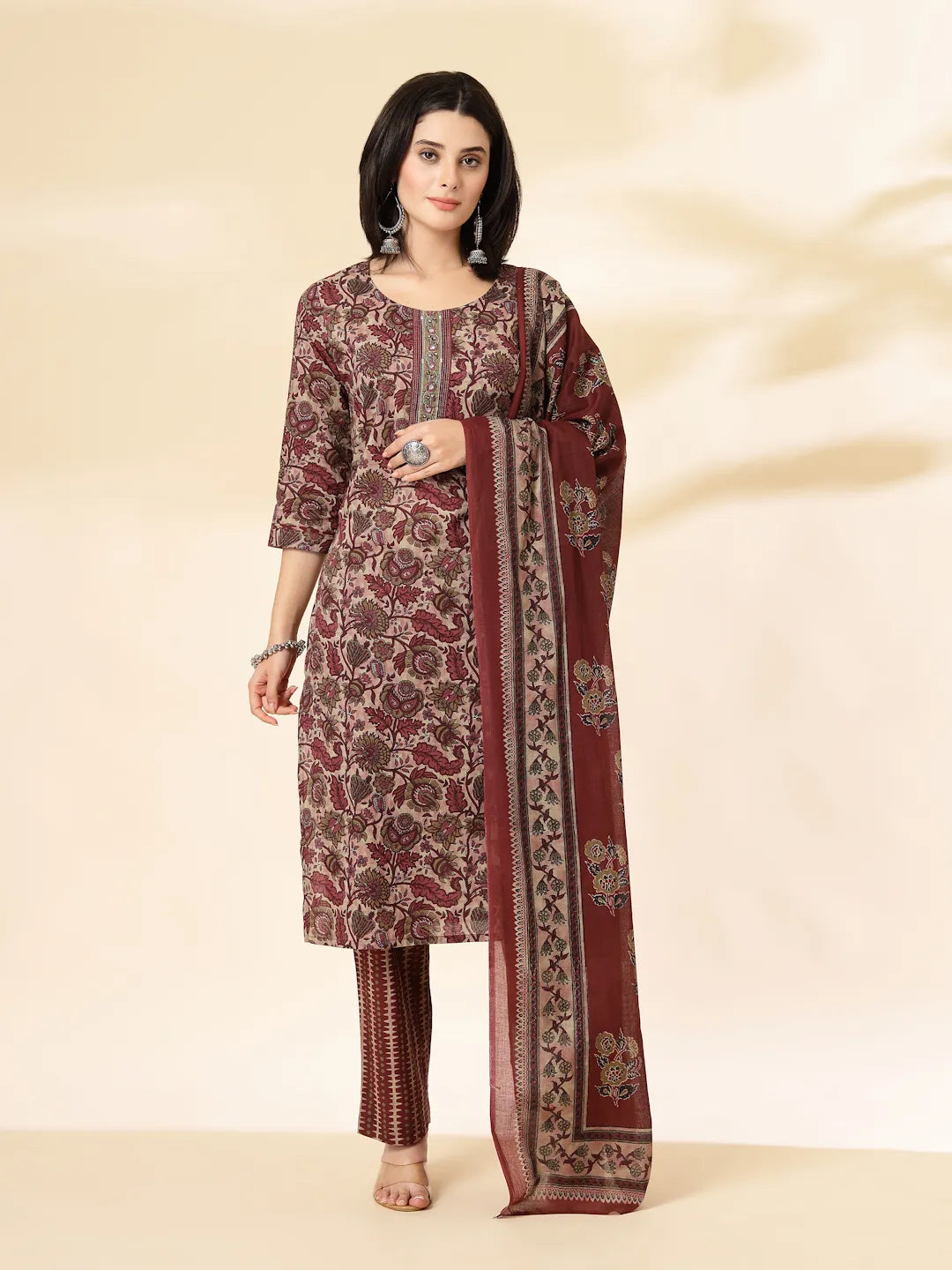 Maroon Pure Cotton Straight Kurta Dupatta Set
