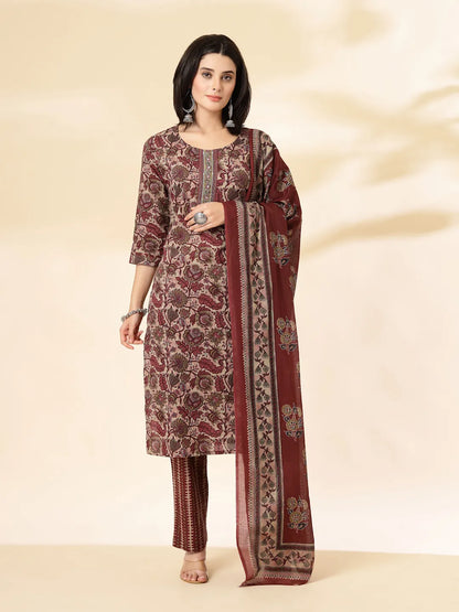 Maroon Pure Cotton Straight Kurta Dupatta Set