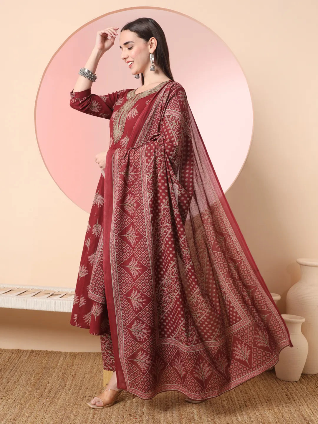 Maroon Pure Cotton Thread Work Anarkali Kurta Dupatta Pant Set