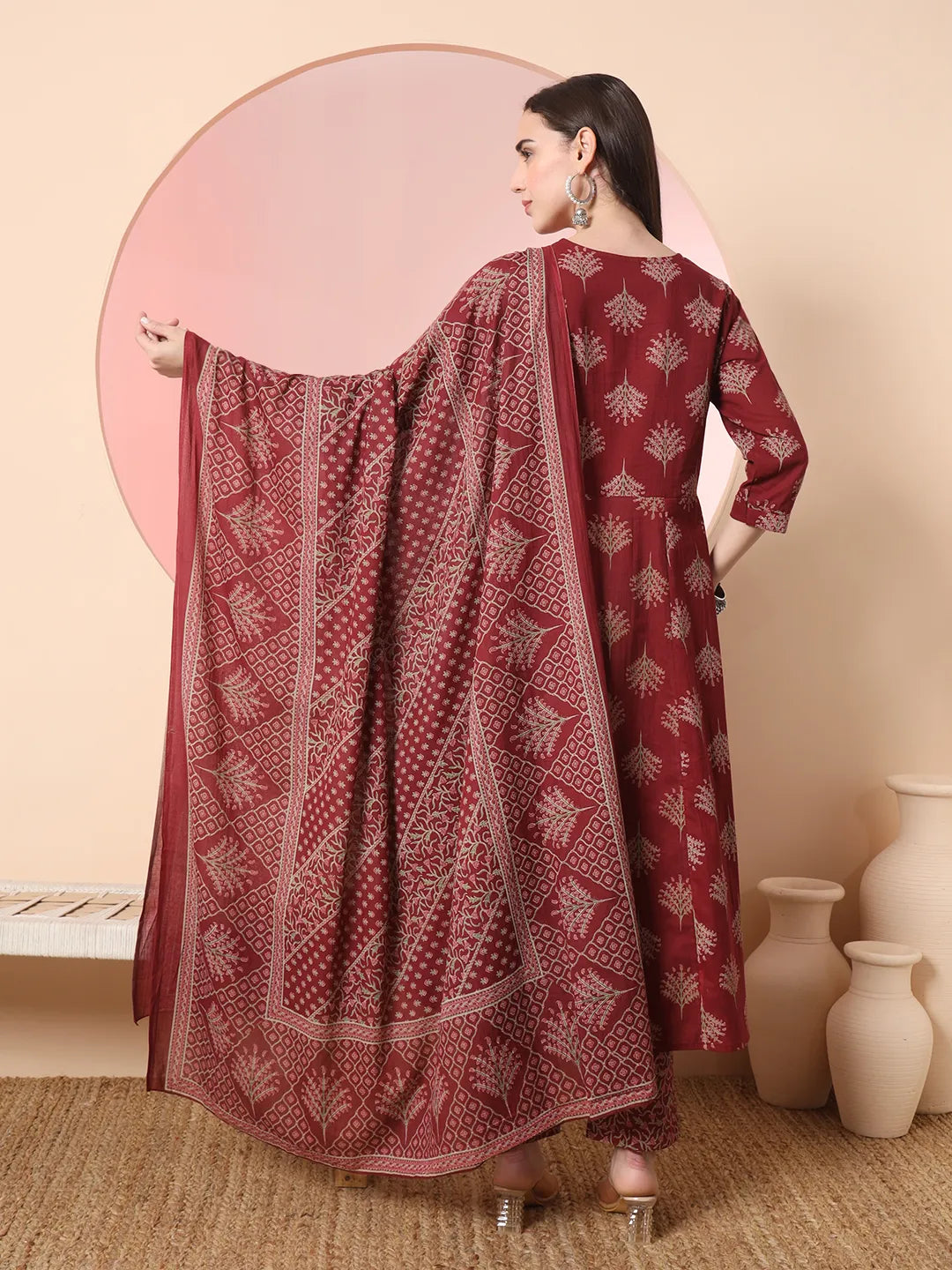 Maroon Pure Cotton Thread Work Anarkali Kurta Dupatta Pant Set