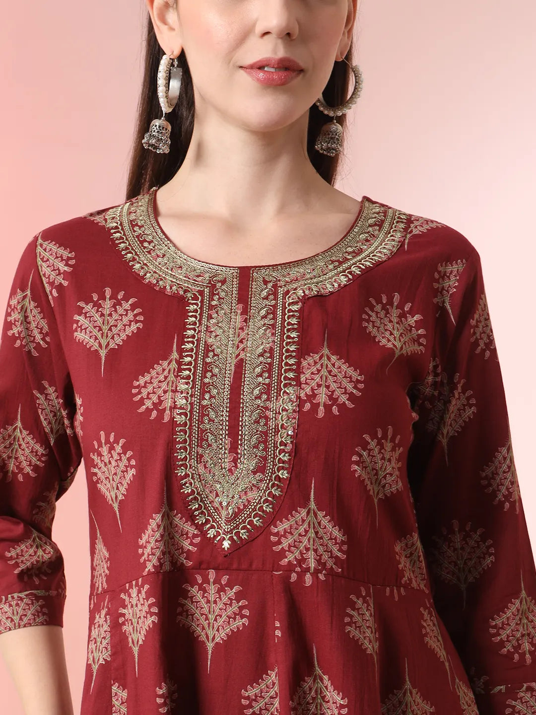 Maroon Pure Cotton Thread Work Anarkali Kurta Dupatta Pant Set