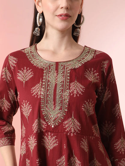Maroon Pure Cotton Thread Work Anarkali Kurta Dupatta Pant Set
