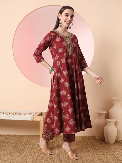 Maroon Pure Cotton Thread Work Anarkali Kurta Dupatta Pant Set