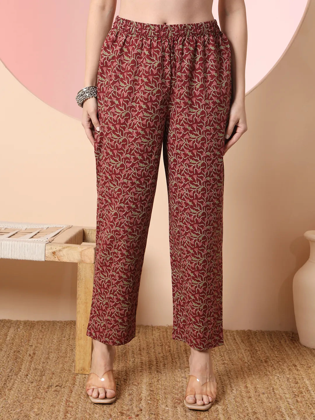 Maroon Pure Cotton Thread Work Anarkali Kurta Dupatta Pant Set