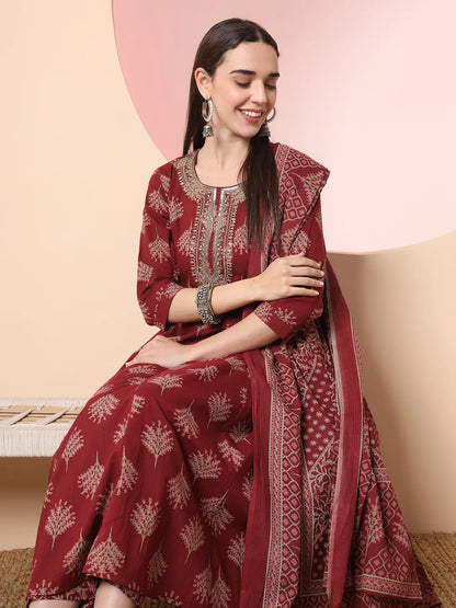Maroon Pure Cotton Thread Work Anarkali Kurta Dupatta Pant Set
