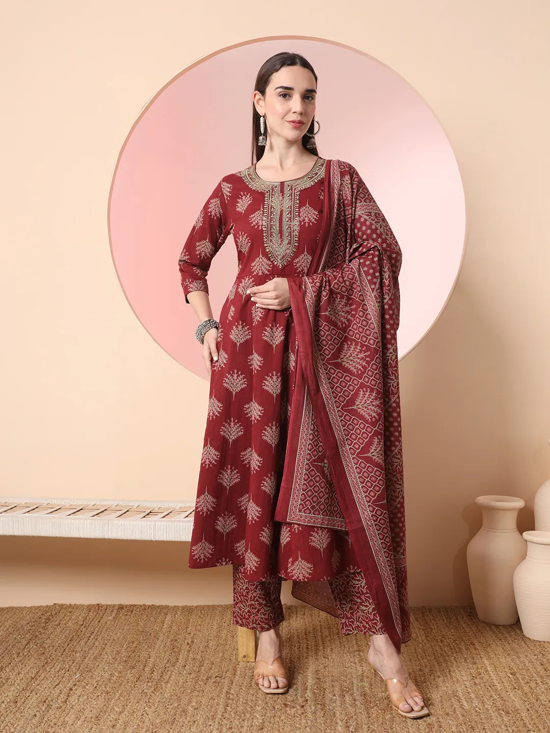 Maroon Pure Cotton Thread Work Anarkali Kurta Dupatta Pant Set