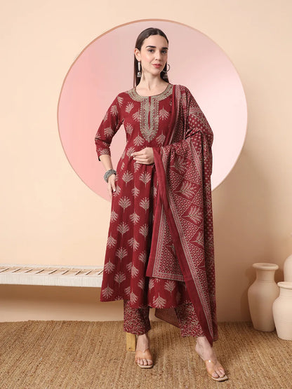Maroon Pure Cotton Thread Work Anarkali Kurta Dupatta Pant Set