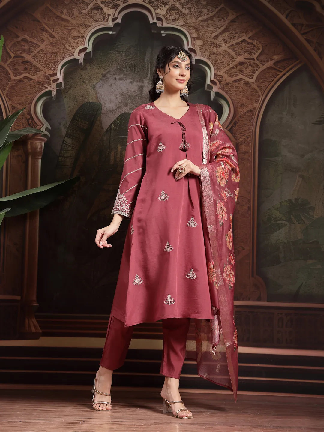 Maroon Roman Embroidered A-Line Kurta Trouser Dupatta Set
