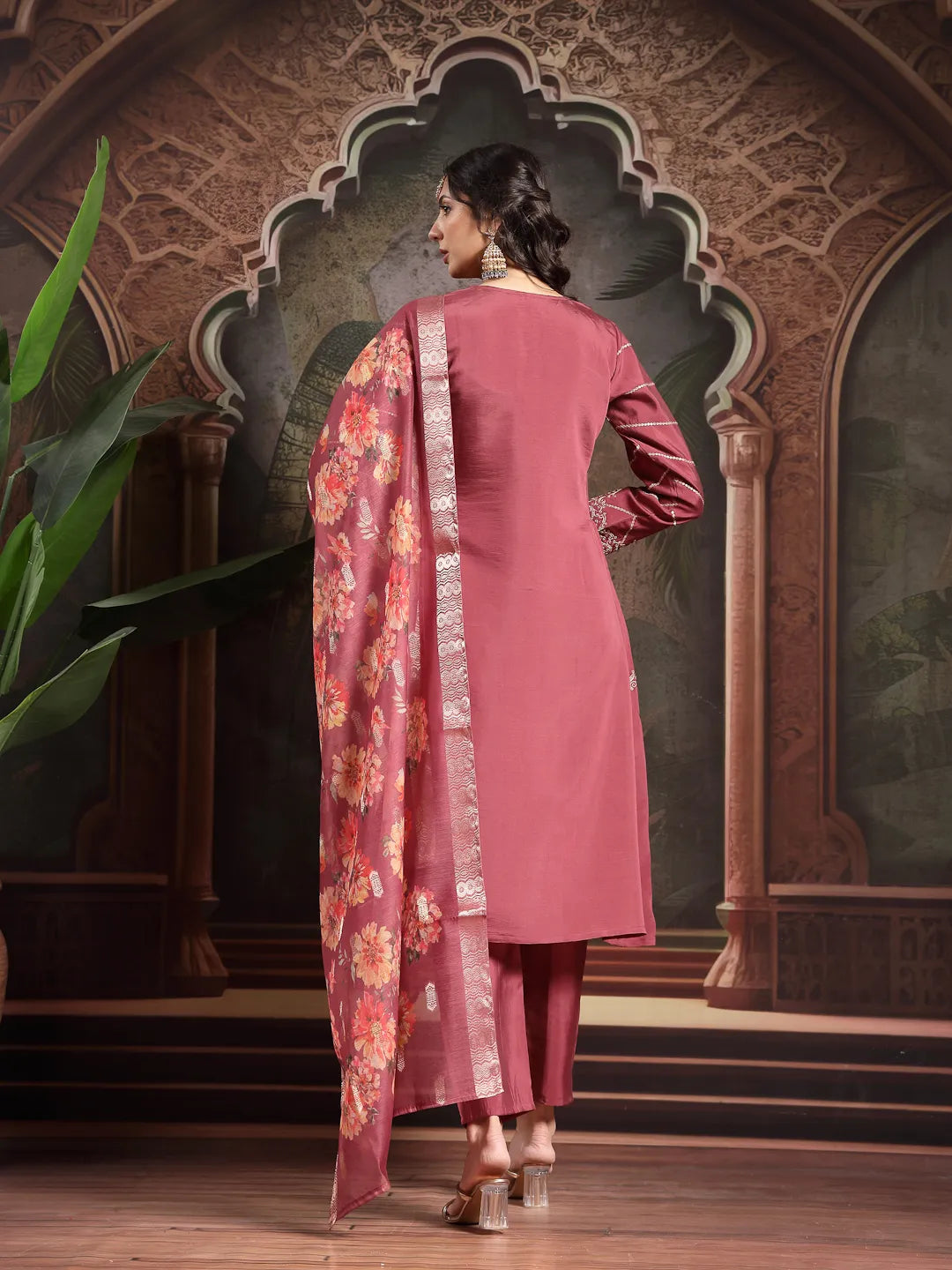 Maroon Roman Embroidered A-Line Kurta Trouser Dupatta Set