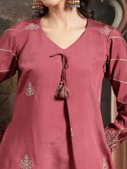 Maroon Roman Embroidered A-Line Kurta Trouser Dupatta Set