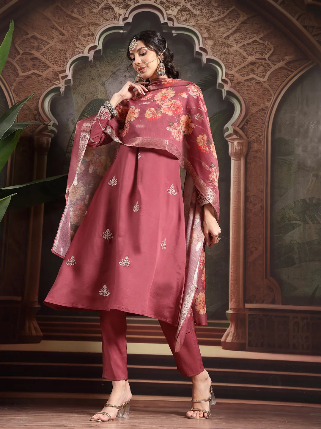 Maroon Roman Embroidered A-Line Kurta Trouser Dupatta Set