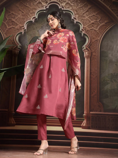 Maroon Roman Embroidered A-Line Kurta Trouser Dupatta Set