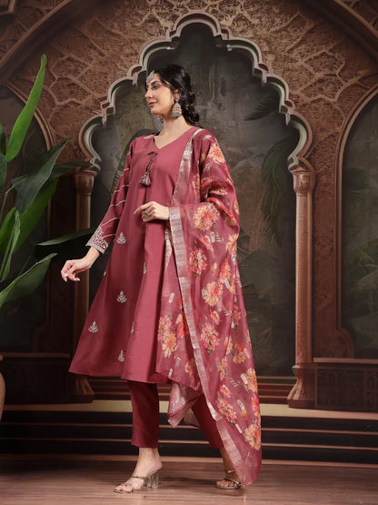 Maroon Roman Embroidered A-Line Kurta Trouser Dupatta Set