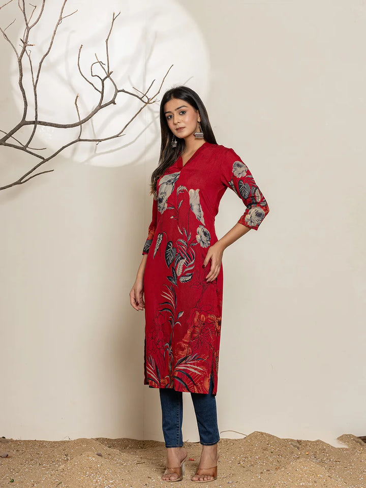Maroon Silk Blend Digital Floral Print Kurta