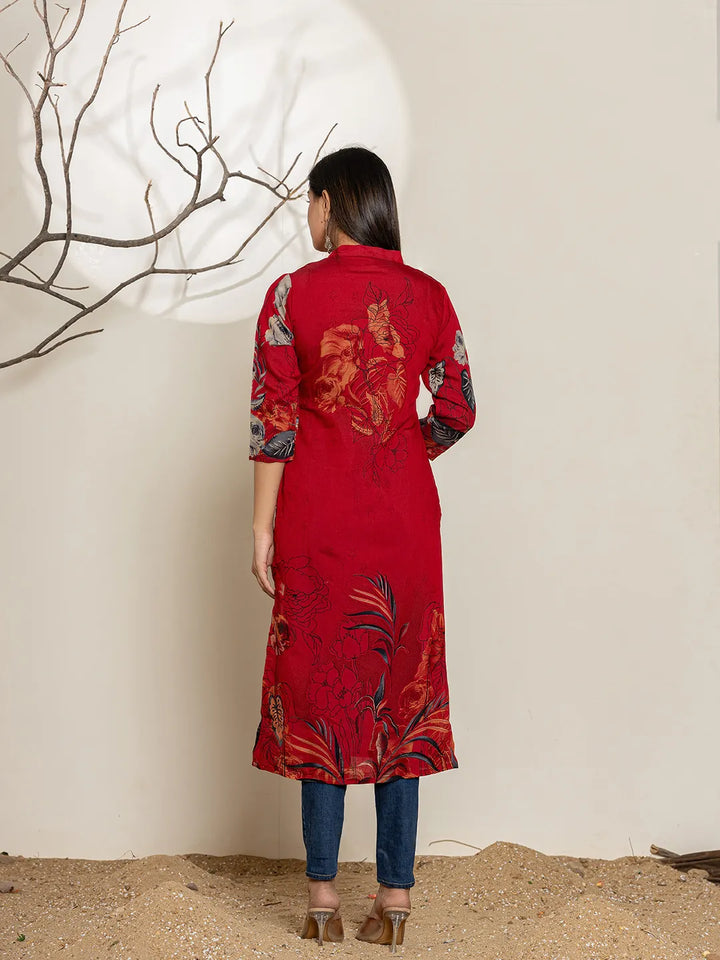 Maroon Silk Blend Digital Floral Print Kurta