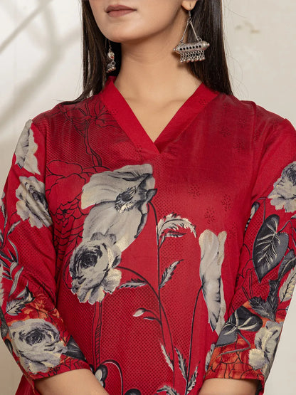 Maroon Silk Blend Digital Floral Print Kurta