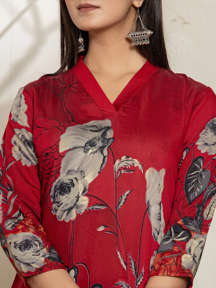 Maroon Silk Blend Digital Floral Print Kurta