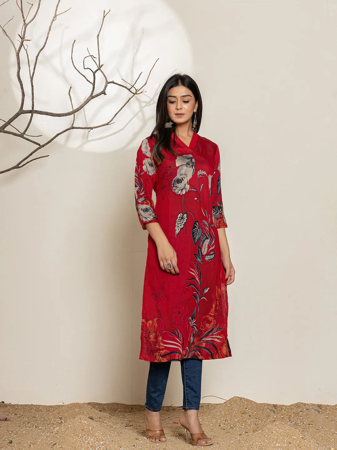 Maroon Silk Blend Digital Floral Print Kurta