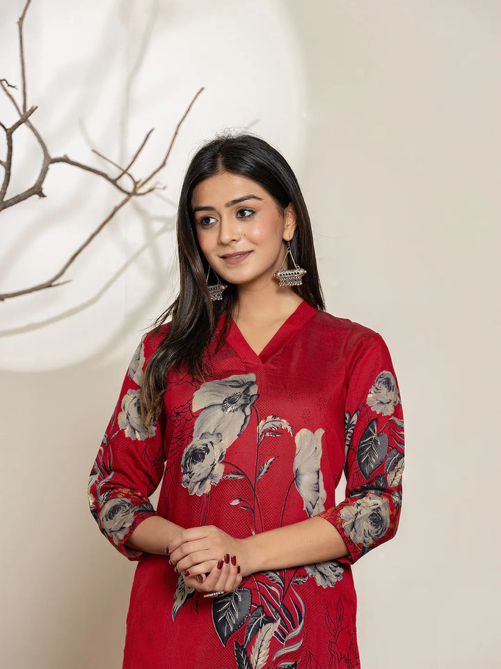 Maroon Silk Blend Digital Floral Print Kurta