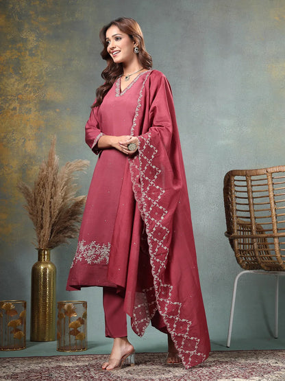 Maroon Zari Work A-Line Roman Silk Kurta Trouser Dupatta Set