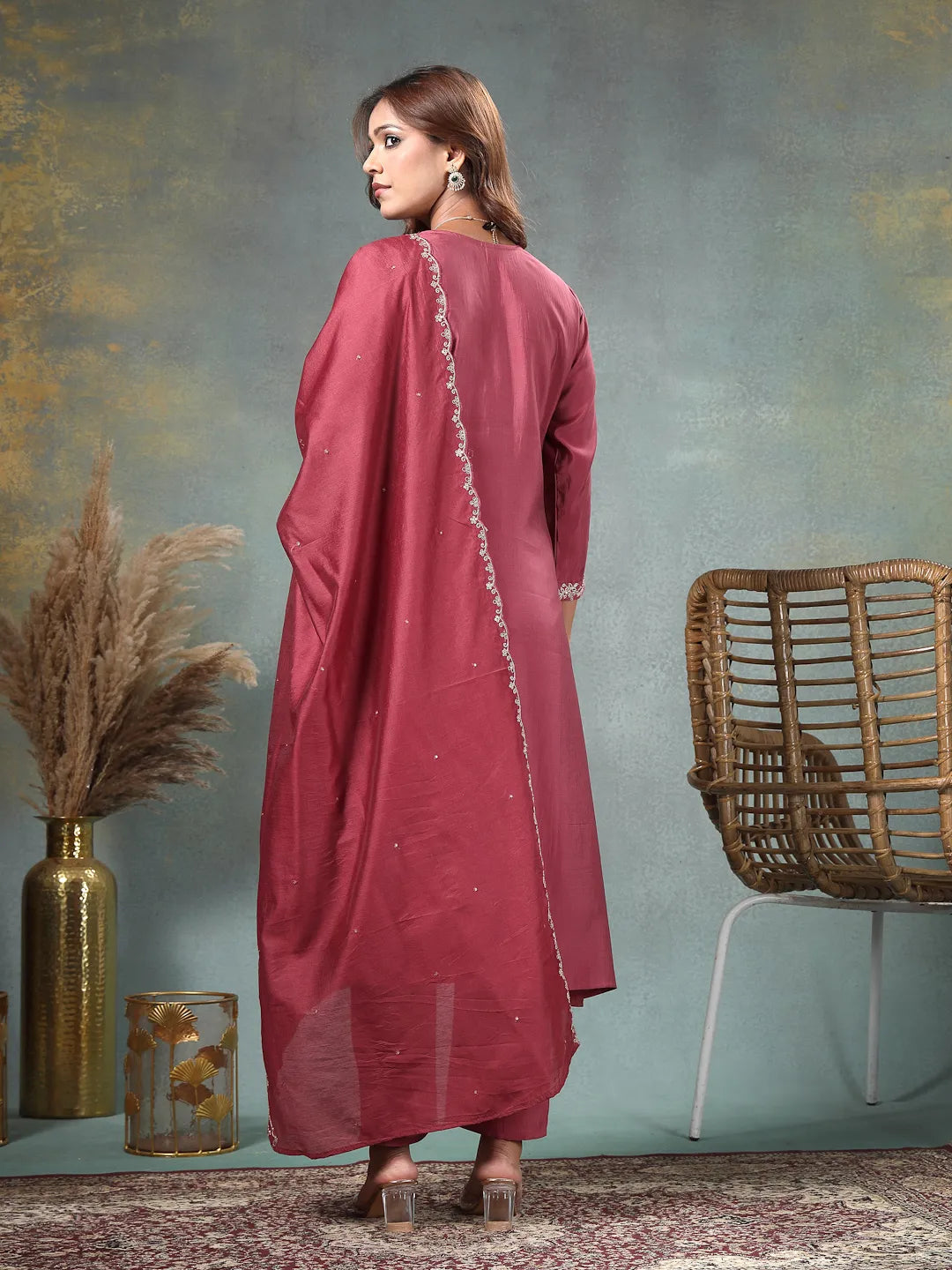 Maroon Zari Work A-Line Roman Silk Kurta Trouser Dupatta Set