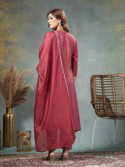 Maroon Zari Work A-Line Roman Silk Kurta Trouser Dupatta Set